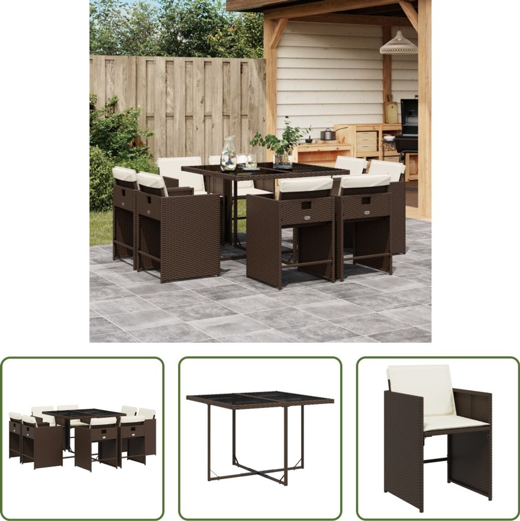 The Living Store 9-tlg. Garten-Essgruppe mit Kissen Braun Poly Rattan