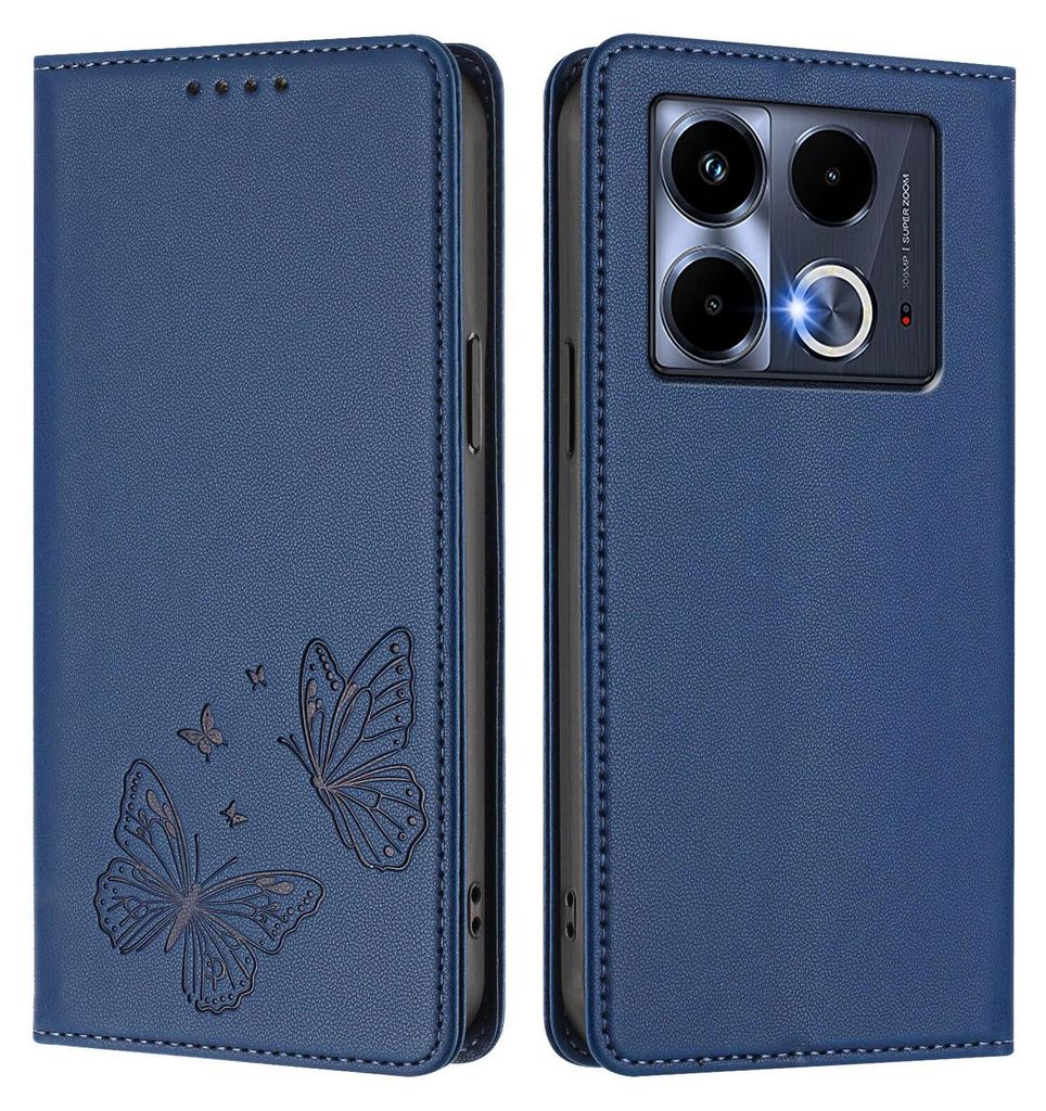 Lederhülle für Infinix Note 40 5G, Schmetterling Prägung Leder Brieftasche Schutzhülle mit Ständer Dunkelblau