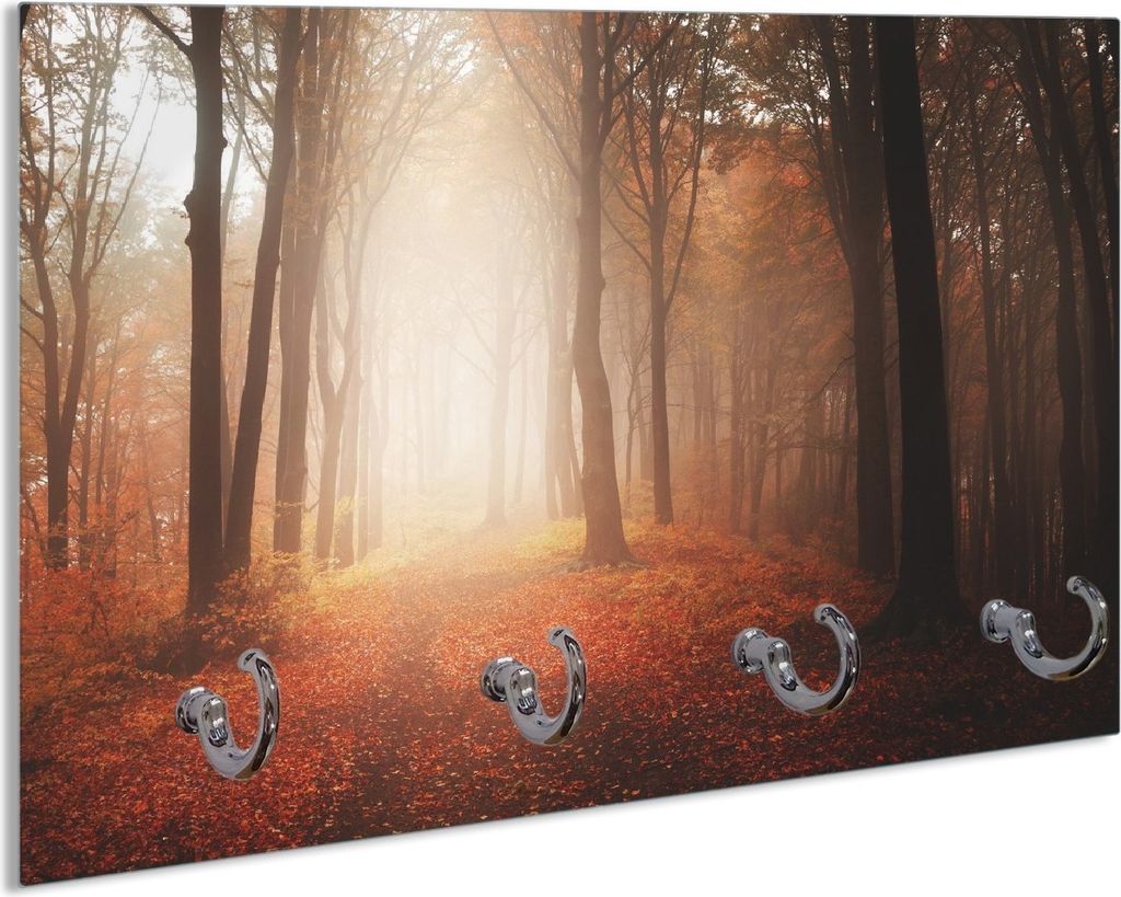 Wallario Schlüsselbrett aus Glas, Motiv: Herbstwald - Weg zu einer Lichtung im Wald, 30 x 20 cm mit 4 Haken