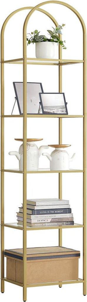 Bücherregal mit 5 Ebenen, gewölbter Metallkonstruktion, gold-transparent