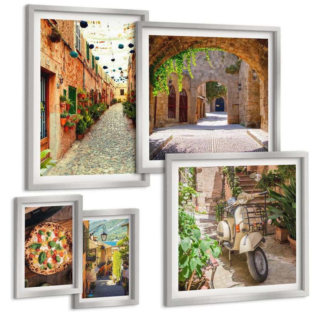 Bilder Set 5-teilig im silbergerahmten Rahmen – Wandbilder 5 Stück – gerahmte Poster für Wohnzimmer, Schlafzimmer und Flur – 50x50 cm - 40x...