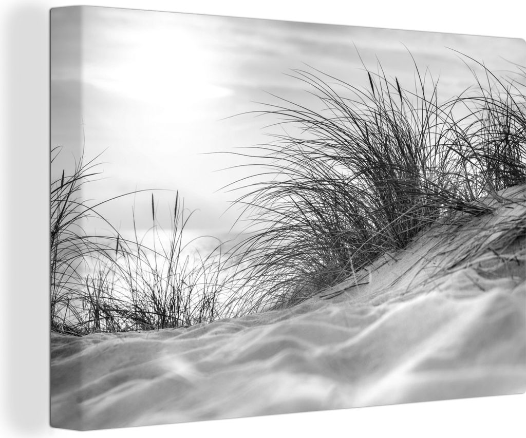 MuchoWow - Leinwandbilder - Wattenmeer - Dünen - Schwarz - Weiß, Wandbild, Wanddeko Bilder Wohnzimmer, 90x60 cm