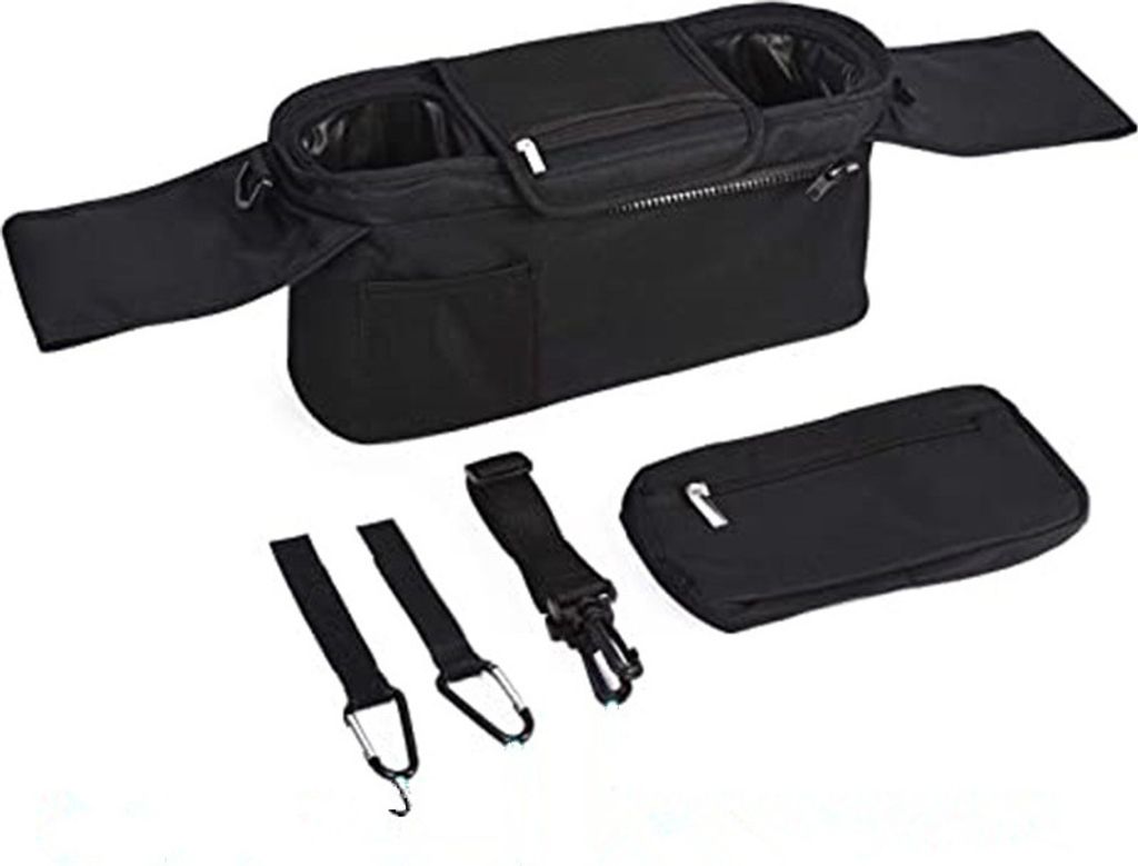 Kinderwagen Aufbewahrungstasche mit isoliertem Becherhalter und abnehmbarer Tasche. Kinderwagen Zubehör, einfach zu bedienen, schwarz