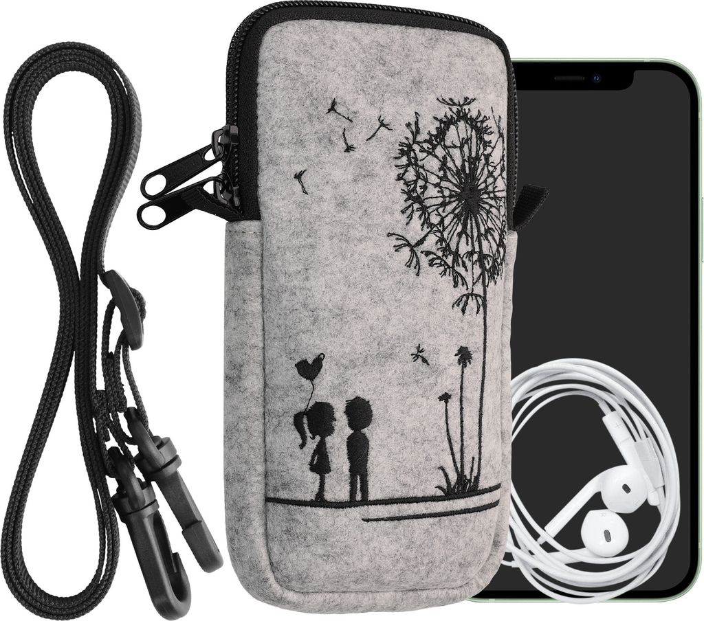 kwmobile Handytasche für Smartphones XL - 6,7/6,8" - Filz Handy Hülle Schwarz Hellgrau - Handy Tasche mit Kette 17,2 x 8,4 cm Innenmaße - Pusteb...