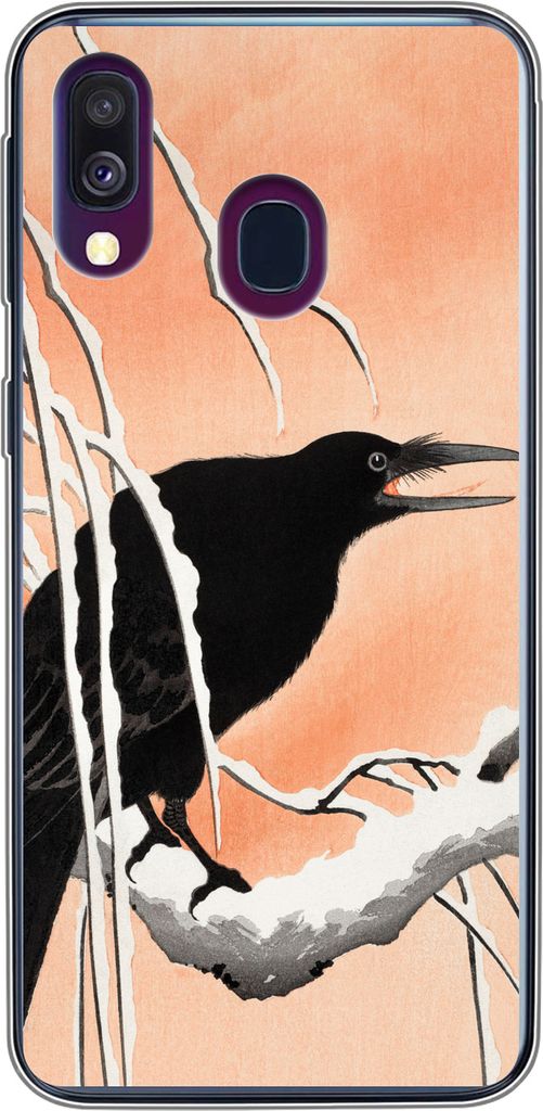 MuchoWow Handyhülle Schutzhülle Hülle für Telefoonhoesje Samsung Galaxy A40 Krähe - Zweig - Vintage - Japanisch Silikon Softcase Handy Hüll...