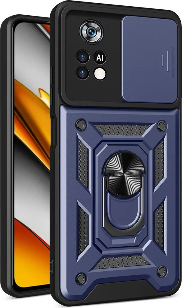 Custodia Xiaomi Poco X4 Pro 5G Blu con Anello e Protezione Fotocamera