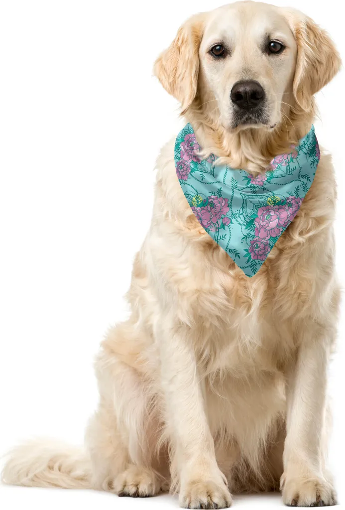 ABAKUHAUS Bandana per animali domestici con fiori, composizione di peonie, 55x55 cm, verde acqua e fucsia