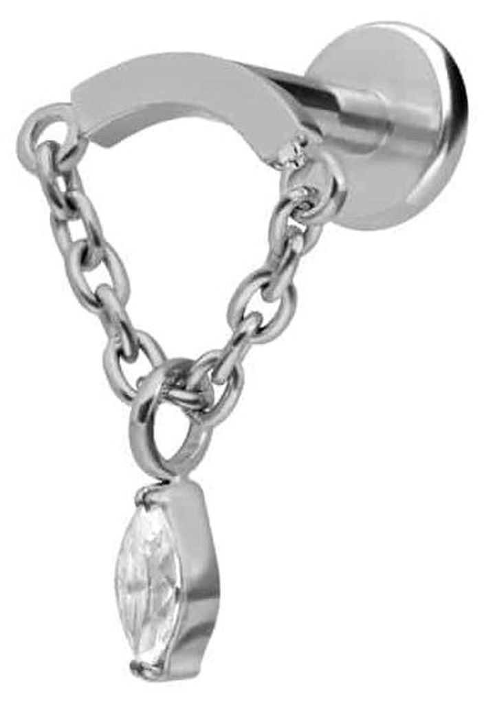 Ohrpiercing, Nasenpiercing Titan Labret mit Innengewinde BOGEN + KETTE + KRISTALLTROPFEN Silber Stablänge: 5mm | Stabstärke: 1,2mm | Discgröße:...