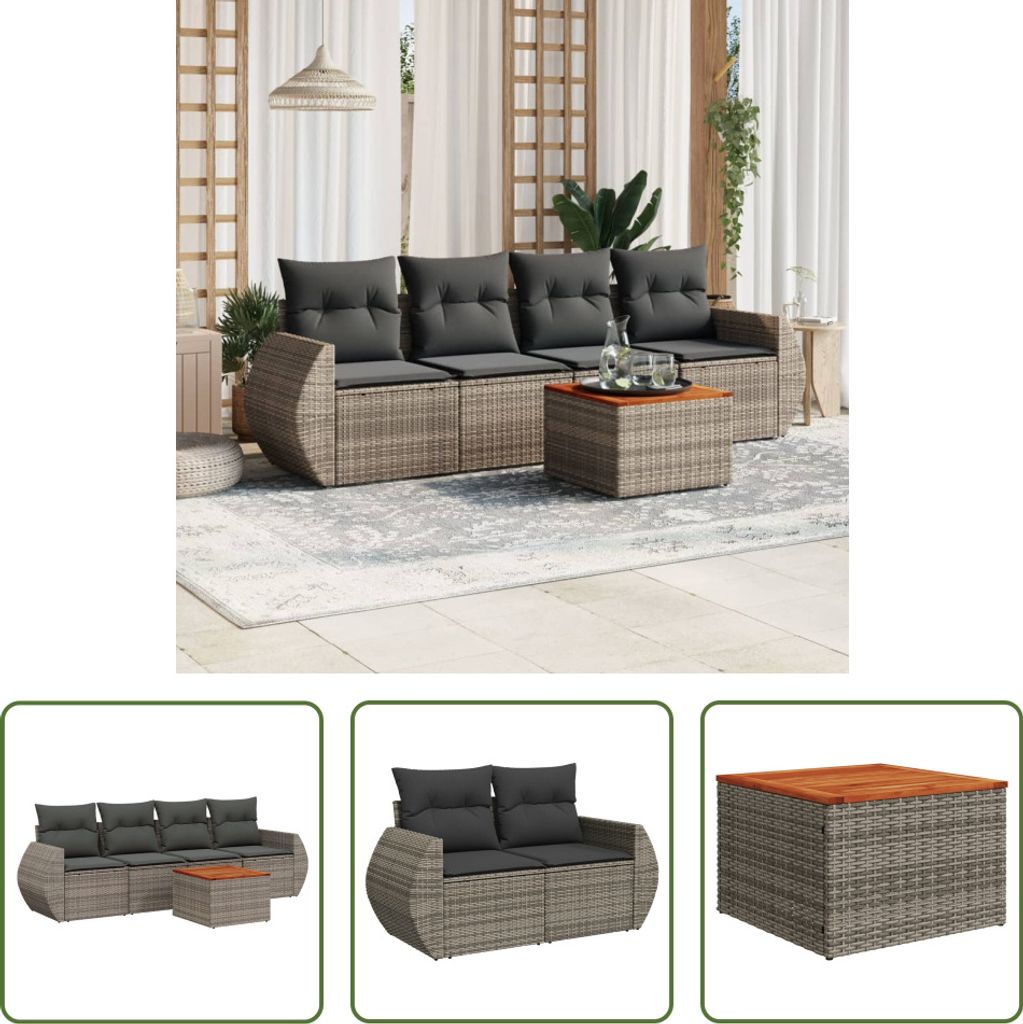 The Living Store 5-tlg. Garten-Sofagarnitur mit Kissen Grau Poly Rattan