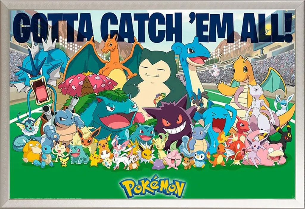Affiche Pokémon Encadrée sous Verre Acrylique et Cadre Aluminium Argenté