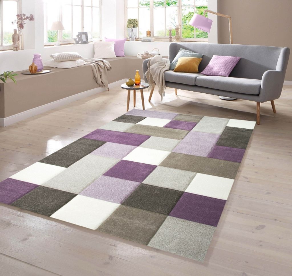 Tappeto moderno con motivo a quadri viola, crema e beige - Immagine del prodotto 