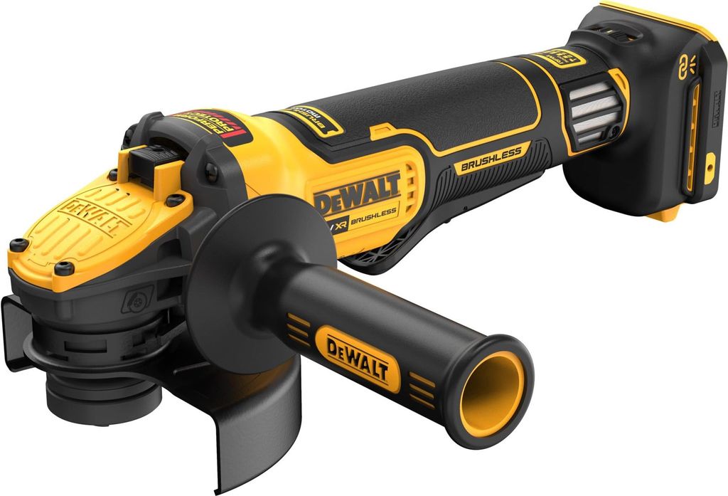 A DeWALT angle grinder is shown against a white background.