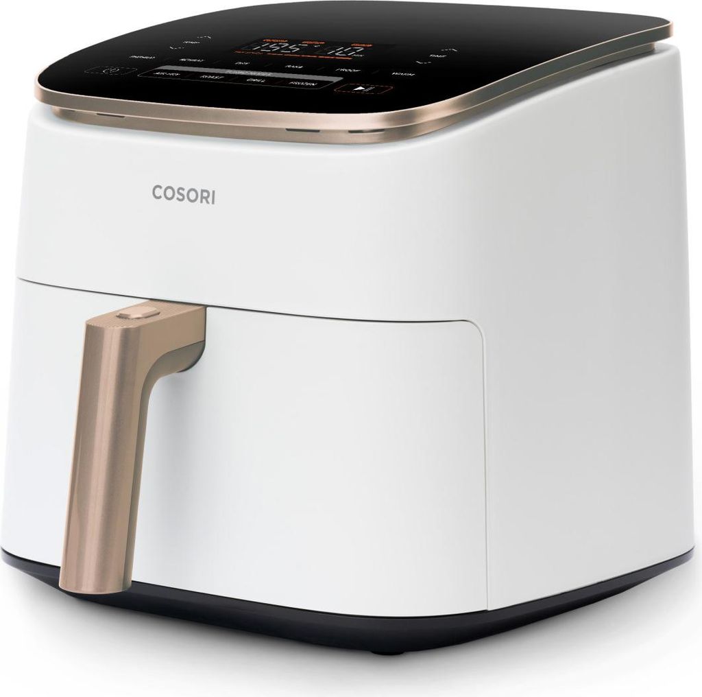 A white Cosori air fryer with a gold handle and a black digital display.