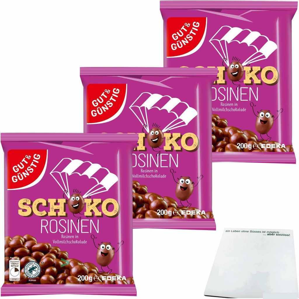 Gut & Günstig Schoko-Rosinen Rosinen in Vollmilchschokolade 3er Pack (3x200g Packung) + usy Block