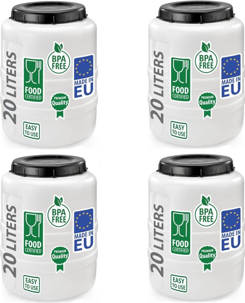 4er Set Weithalsfass Fasssilage Gepäcktonne Gärfass Gärbehälter Futtertonne 20 Liter mit Deckel weiß