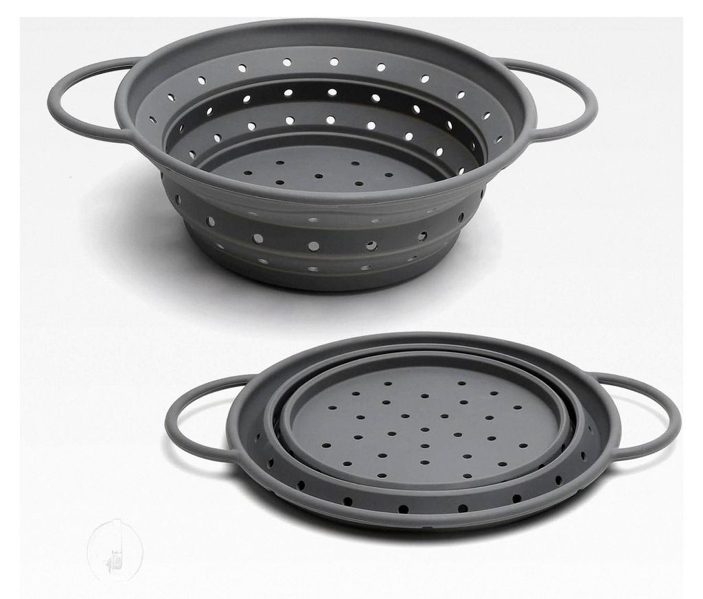 Faltbares Silikonsieb 22 cm Ø Grau, Küchensieb mit Griffen, Abtropfkorb für Nudeln, Gemüse und Obst - Spülmaschinenfest, für Küche und Campi...