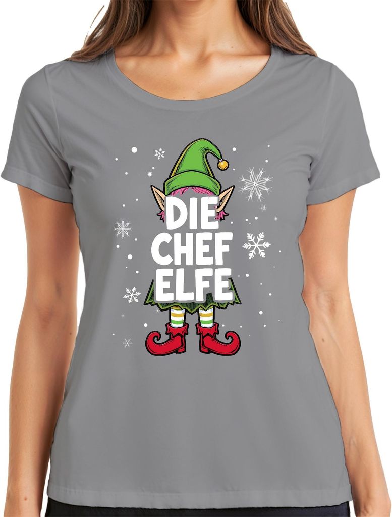 DIE CHEF ELFE Weihnachtselfe Weihnachten Wichtel Schneeflocken Damen T-Shirt, Grau, L