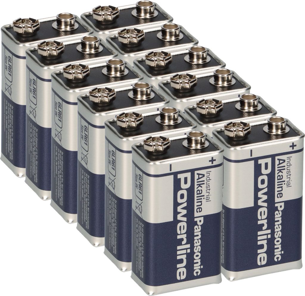 12x Panasonic 6LR61 Powerline 9V-Block E-Block Alkaline Industrial Rauchmelder