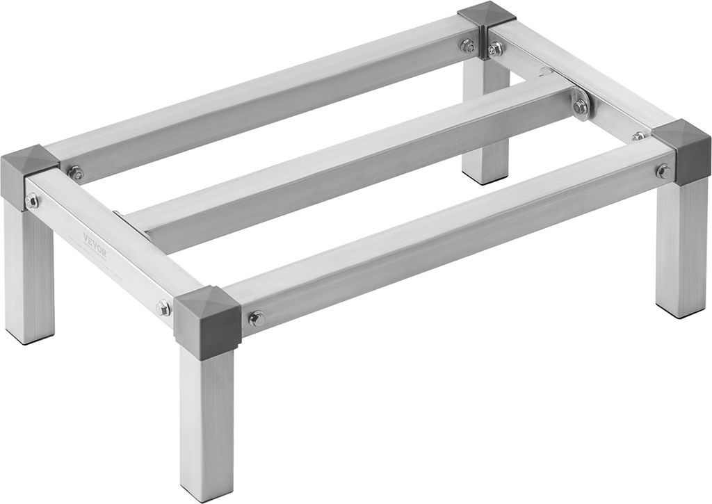 A product shot of an aluminum shelving unit on a white background.