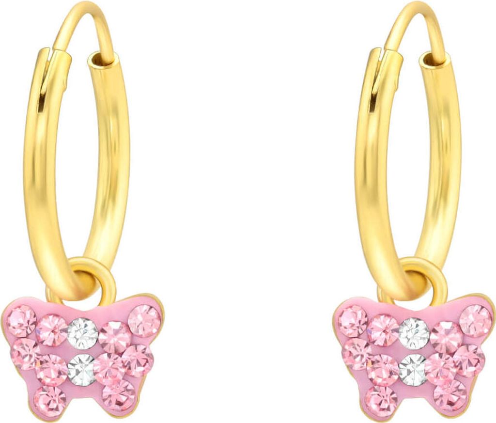 Creolen Ohrringe Kinder 925 Sterling Silber vergoldet mit Kristall-Schmetterling