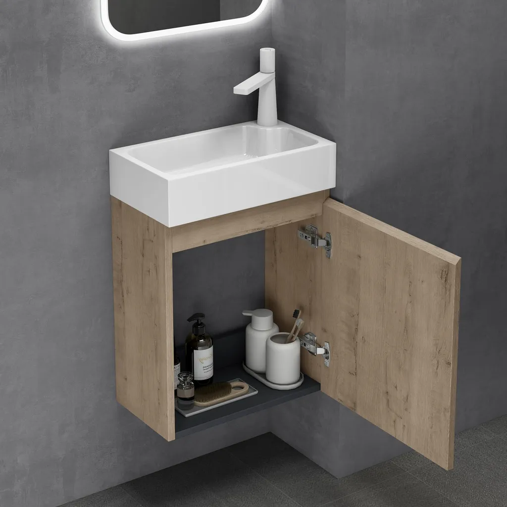 Ensemble Lave-mains Chêne Clair 46cm et Vasque en Solid Surface Pisa - 4