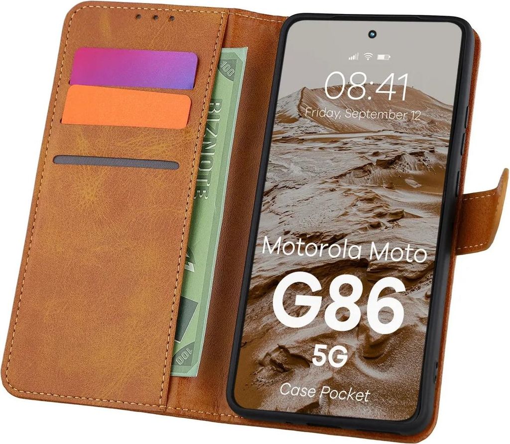 Handyhülle mit Klappe für Motorola Moto G86 5G, Bizon Case Pocket, Braun