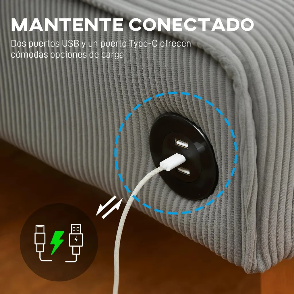 Canapé 2 places USB et Type C intégré - Structure robuste 240 kg Gris
