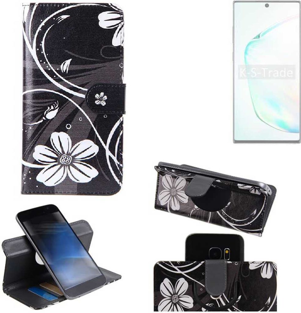 K-S-Trade Schutzhülle Handyhülle kompatibel mit Samsung Galaxy Note 10+ 5G Hülle 360° Wallet Case ''Flowers'' Klapphülle Hülle schwarz-weiß 1x