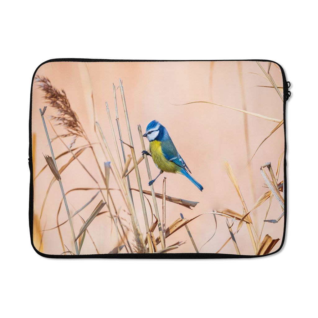 MuchoWow Laptop Hülle 17 Zoll Laptoptasche Vogel - Blaumeise - Schilf - Zipper - Schutzabdeckung
