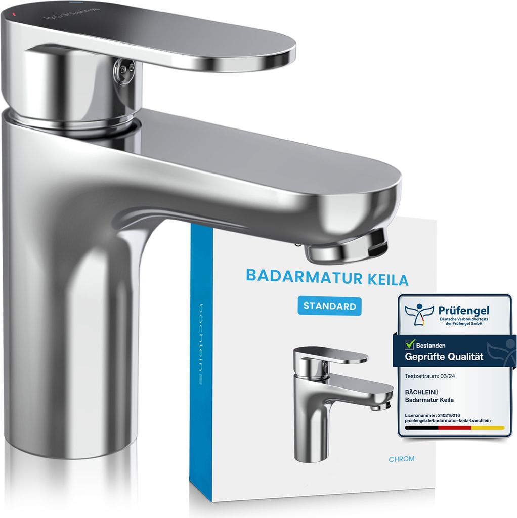 Bächlein Wasserhahn fürs Bad in klassischem Design, Einhebelmischer mit langlebiger Keramikkartusche und Montage-Set, Badarmatur Chrom