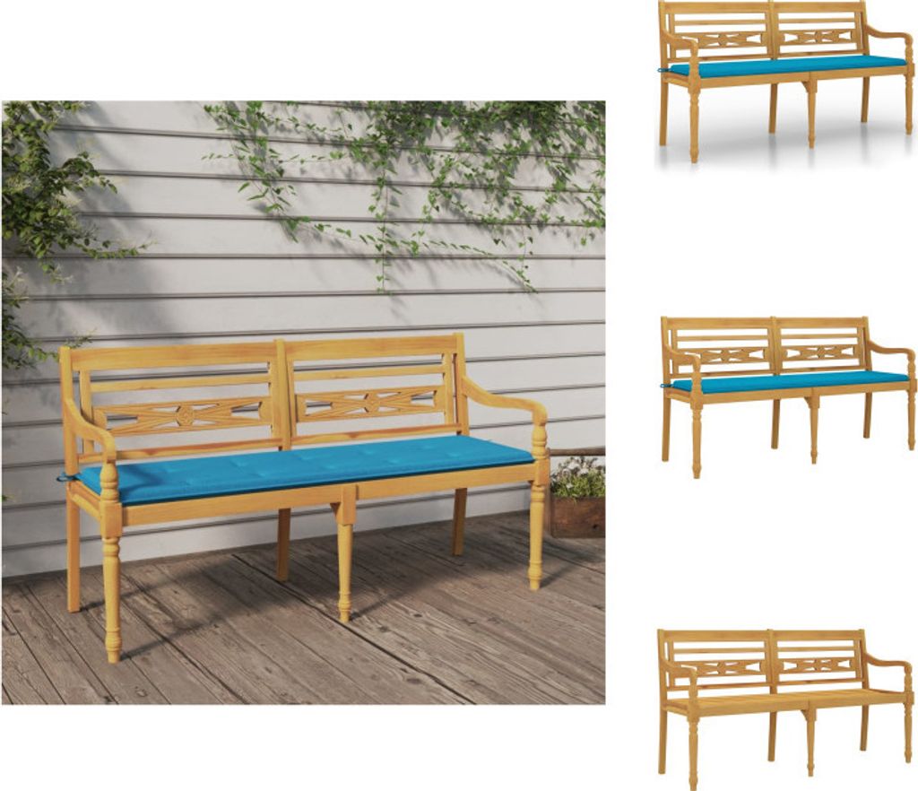 vidaXL Batavia-Bank mit Blauem Kissen 150 cm Massivholz Teak - Gartenbänke