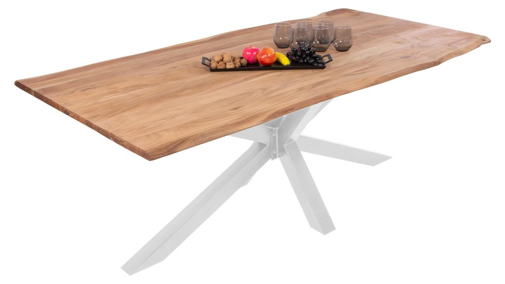 Esstisch Baumkante massiv Akazie eichefarben 240 x 100 cm Spider-Gestell weiß DEREK