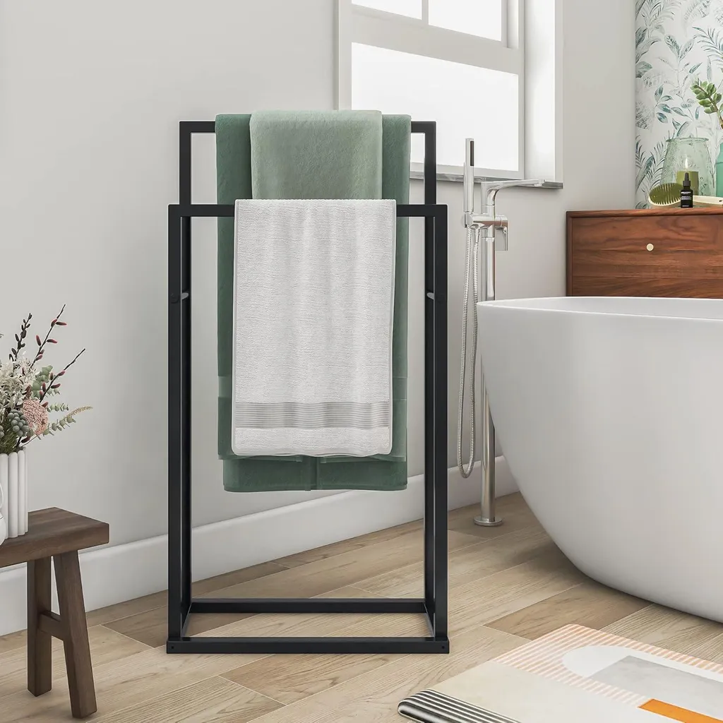 Porte-serviettes sur pied noir à 2 niveaux pour salle de bain moderne