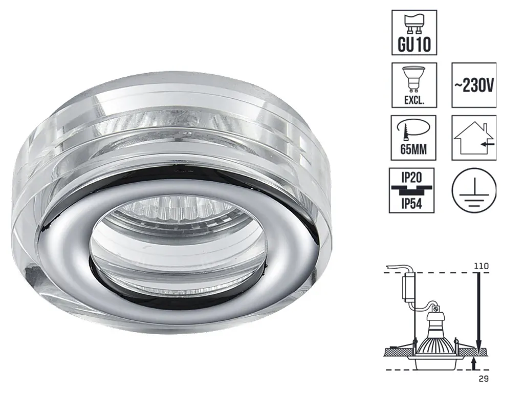 Downlight IP55 Bagno GU10 50W Cromo Cristalli - Incasso Diametro 80mm