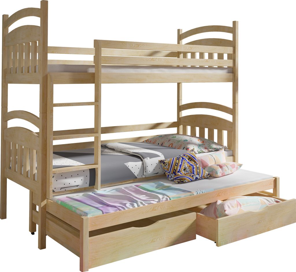 KEF ANTON Etagenbett Kinder Holz Kinderbett für Drei Kinder Leiter Universal mit Matratze 80x170 cm Kiefer