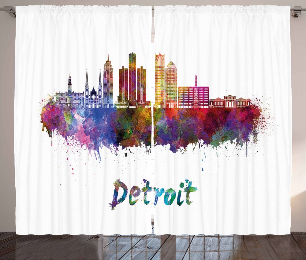 ABAKUHAUS Detroit Rustikaler Vorhang, Aquarell Kunst Skyline, Wohnzimmer Universalband Gardinen mit Schlaufen und Haken, 280 x 225 cm, Mehrfarbig