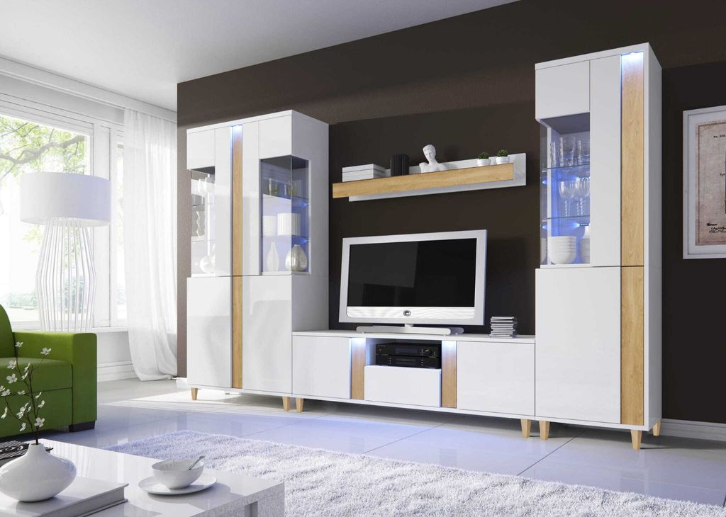 Wandschrank Marco 1 Wohnzimmermöbel Set + Led (Weiss/Holz)