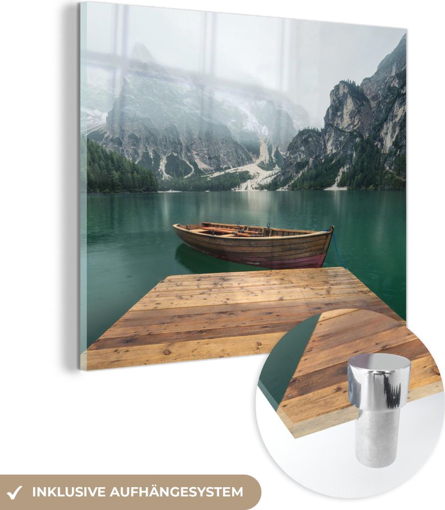 MuchoWow Glasbilder - Bilder auf Wandbild - Foto auf Glas Nebel - Schnee - Berg - Boot 90x90 cm Wanddekoration aus Glas - Acrylglasbild - Acrylbild...