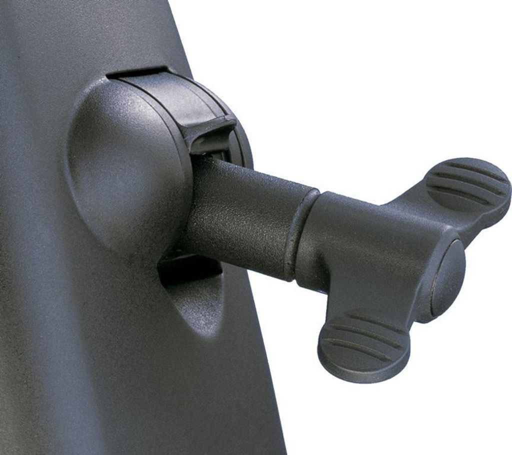 A close-up view of a black plastic locking mechanism with a wingnut-style handle.