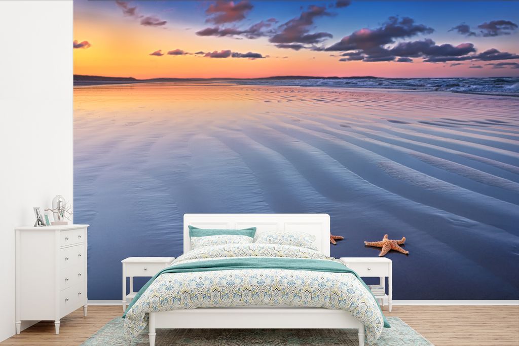 MuchoWow Fototapete für Wohnzimmer oder Schlafzimmer Wandtapete Vinyl Motivtapete Seestern - Wasser - Wolke - 360x240 cm - Vinyl-Tapete