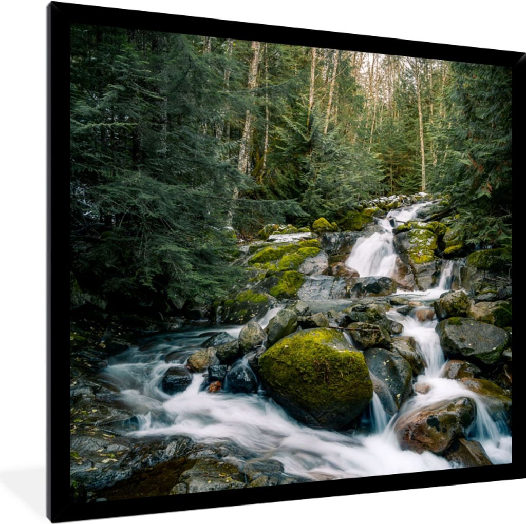 MuchoWow Gerahmtes Poster Natur - Wasserfall - Bäume - Herbst 40x40 cm - Poster mit Schwarzem Bilderrahmen Wandposter Rahmen Foto Bilder - Mit R...