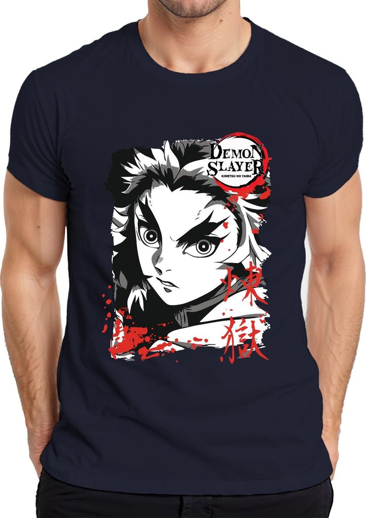 Demon Slayer Kimetsu no Yaiba Rengoku Feuer Anime Geschenk Herren T-Shirt, Navy, L