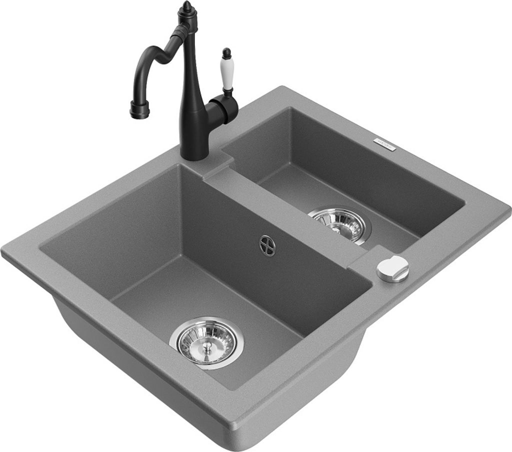 Mexen Carlos 1,5-Becken-Granitspüle mit Mischbatterie Carla, Grau - 6518-71-670700-70