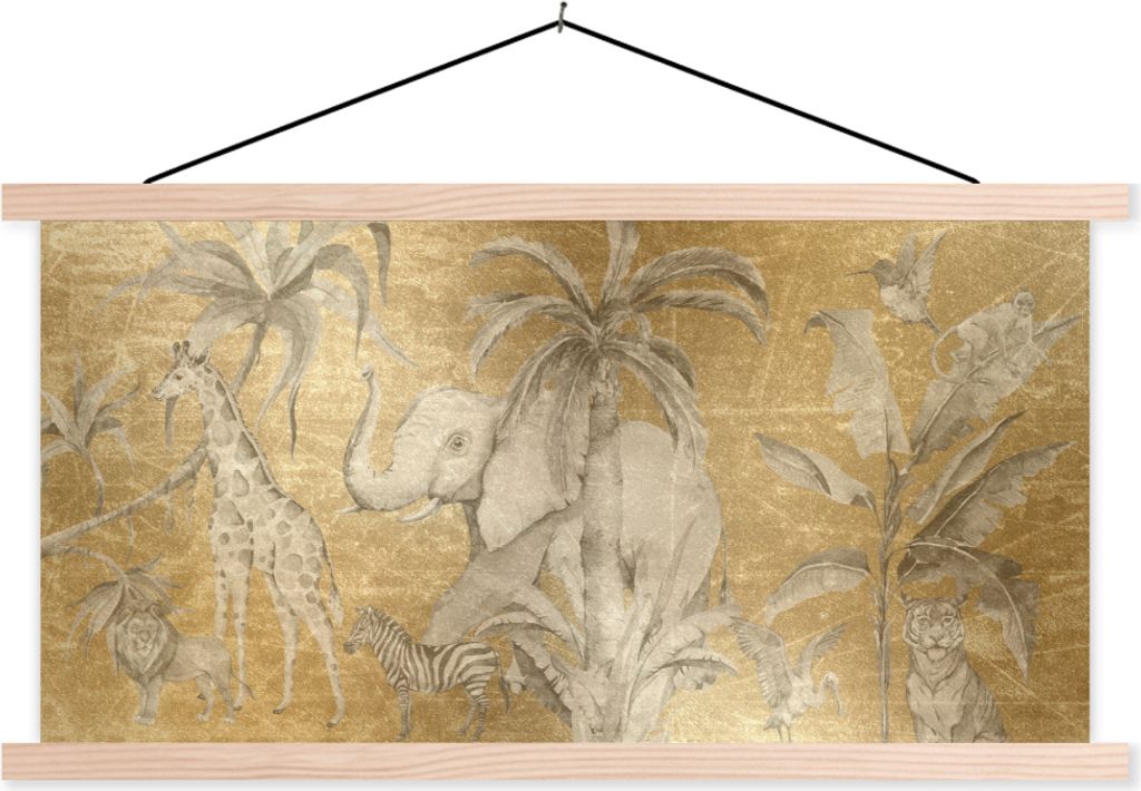 MuchoWow Textilposter Dschungel - Kinder - Gold - Tiere 120x60 cm mit holzfarbenen Rahmen - Klemmleiste