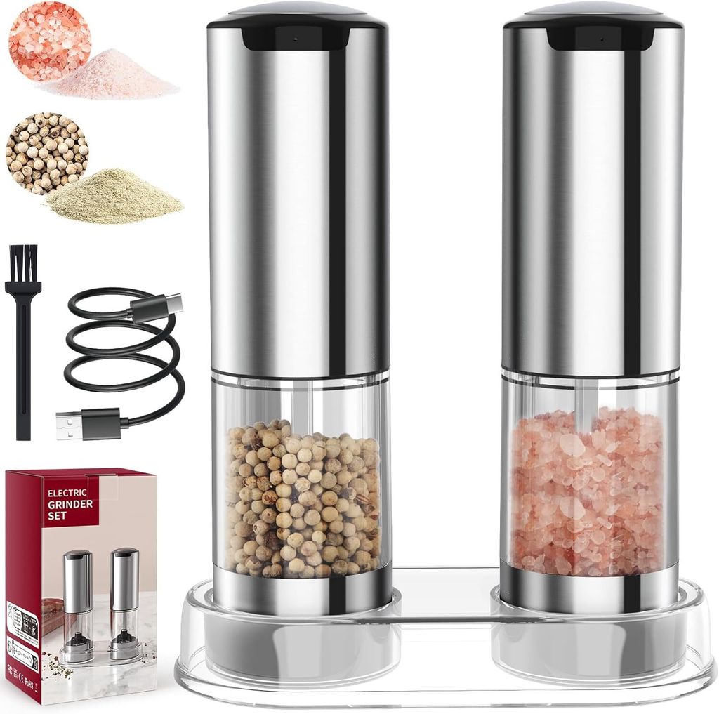 Salz und Pfeffermühle Elektrisch 2er Set, Gewürzmühlen mit keramikmahlwerk & LED-Licht, Edelstahl Salzmühle USB Aufladbar, Einstellbare Grobheit
