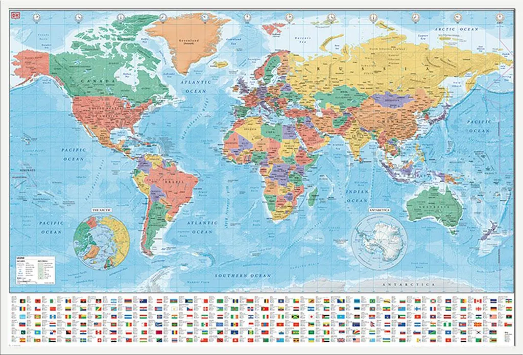 Mappemonde Géante avec Cadre Blanc - Affiche Murale Déco 91,5 x 61 cm
