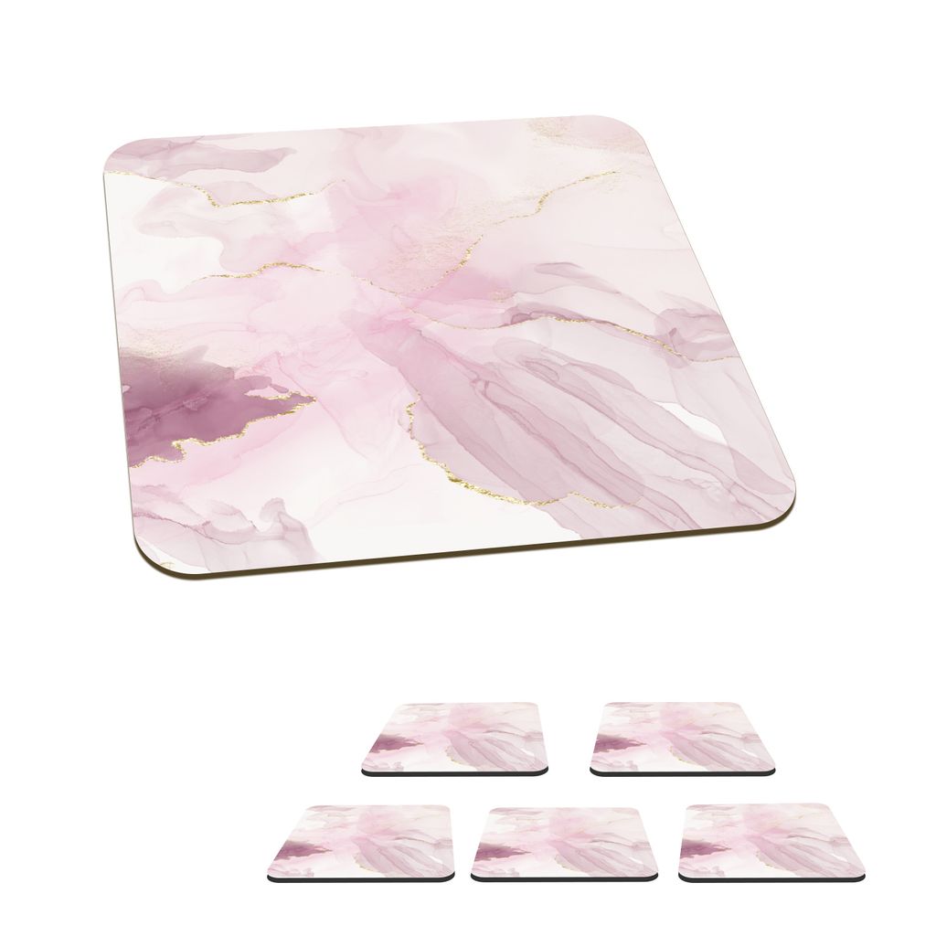 KitchenYeah Glasuntersetzer Quadratisch 6er Set Marmor - Lila - Gold 10x10 cm Untersetzer für Gläser - Getränkeuntersetzer - Tischplattenschu...