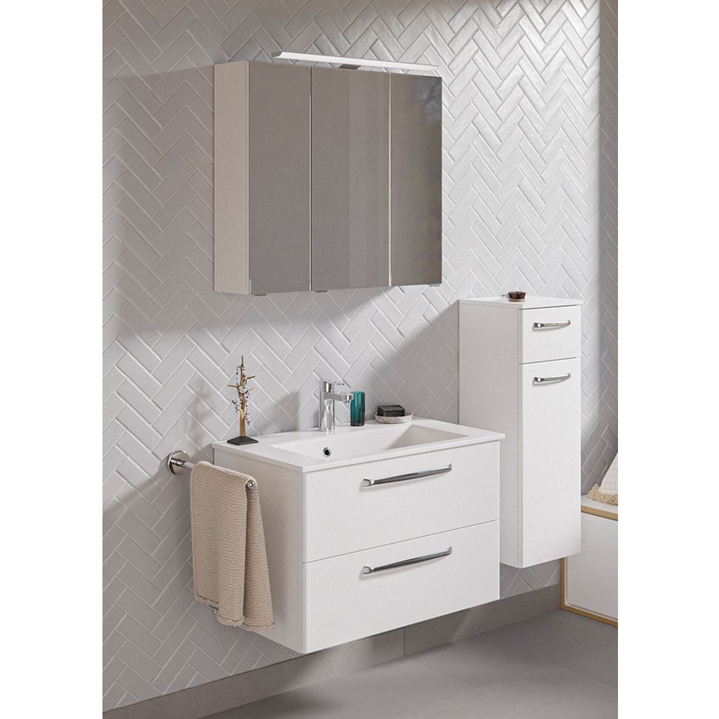 Badmöbel Set mit Mineralmarmor Waschbecken und LED Beleuchtung TRENTO-66 in weiß Glanz, B/H/T: ca. 122/200/50 cm