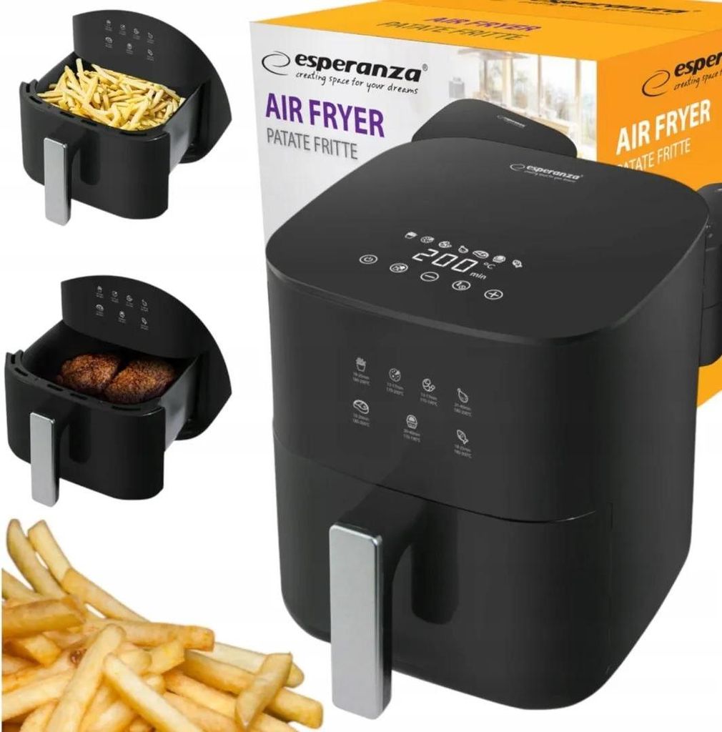A collage showing an air fryer, its packaging, and food items.