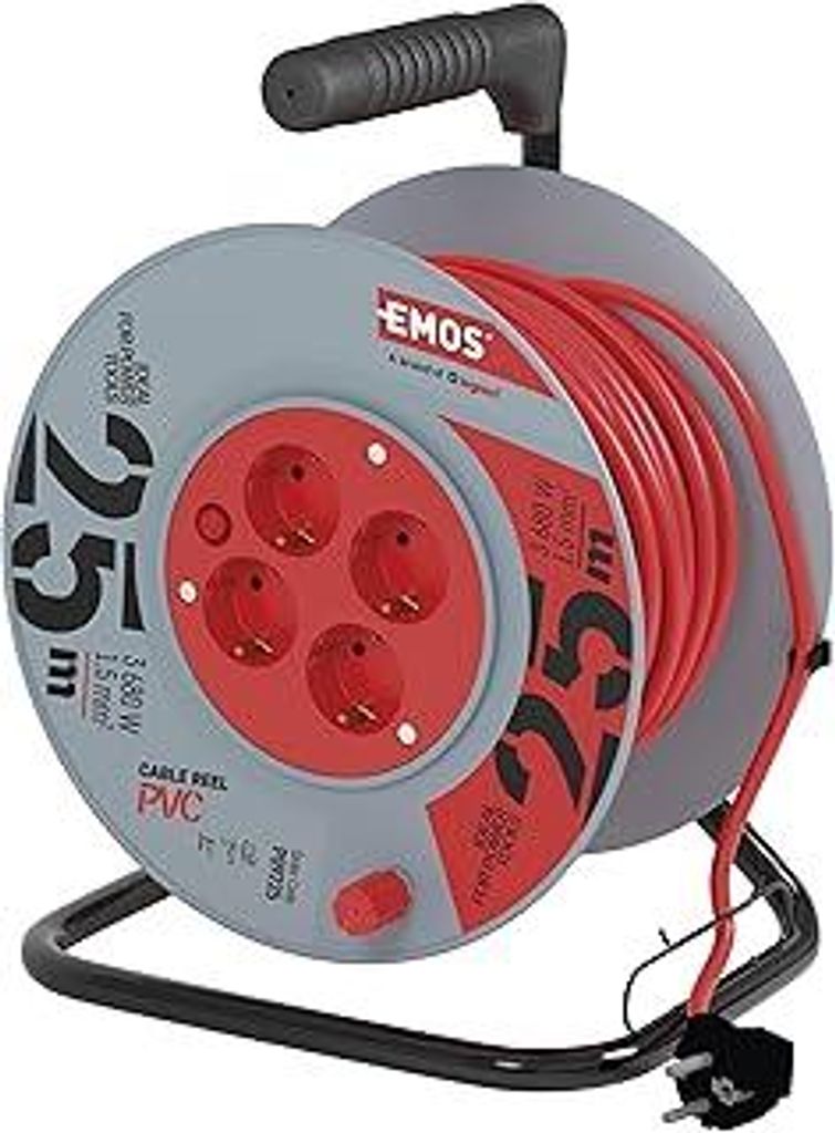 EMOS - Kabeltrommel 25m - 4 Schuko-Steckdosen - 230 V, 16 A, 3680 W - hochwertige PVC-Isolierung - H05VV-F3G 1,5 mm2 - Überhitzungsschutz - IP20 f...